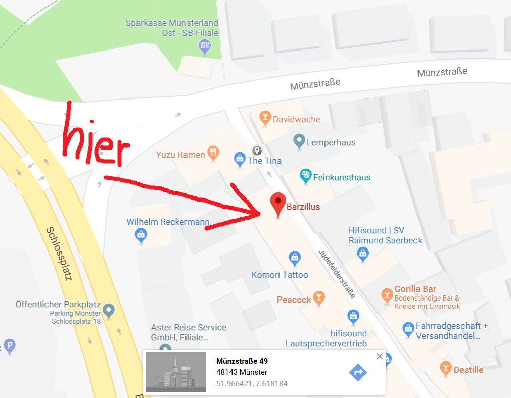 Diese Grafik zeigt den Weg zum Barzillus in Münster. Es befindet sich in der Münzstraße 49, 48143 Münster.